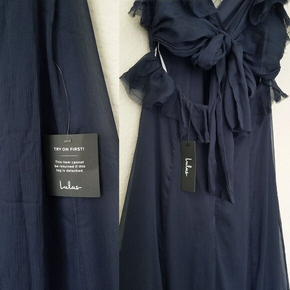 NEW Lulus Navy Blue Ruffled Tie-Back Maxi Dress S Gown Chiffon Fairy Romantic - Picture 10 of 16